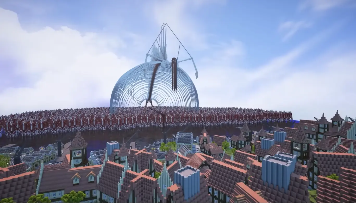A Minecraft recreation of The Rumbling from Attack on Titan