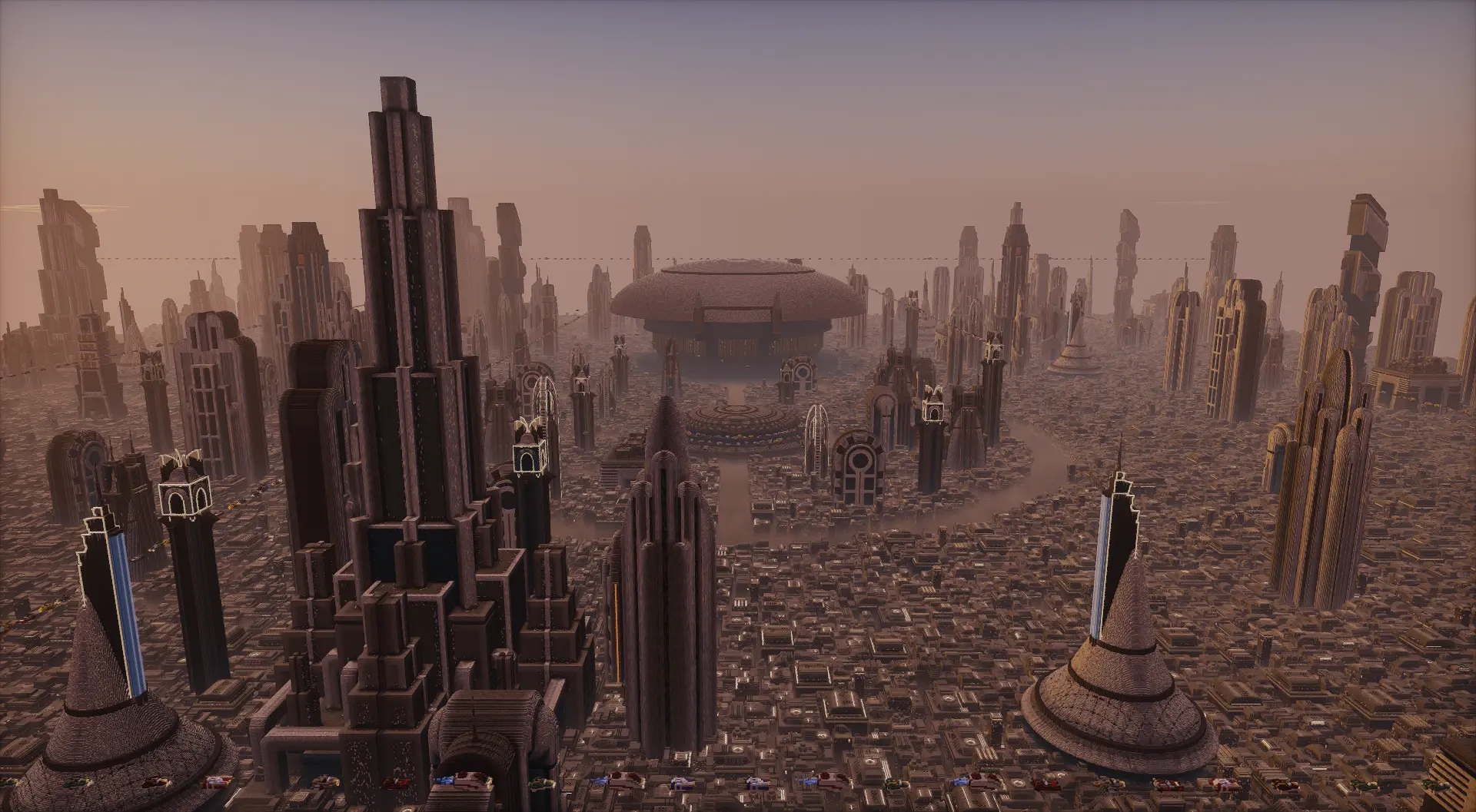 A bird's-eye view of the city of Coruscant from the Star Wars prequel trilogy in Minecraft