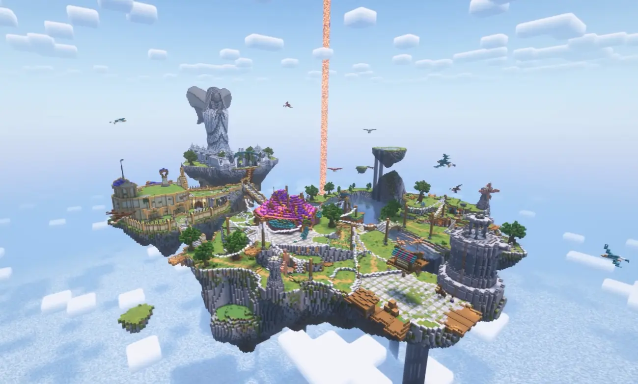 A bird's-eye view of a Minecraft version of Skyloft